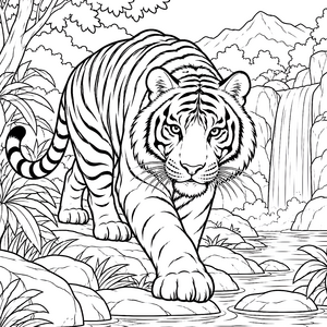Mächtiger Tiger am Wasserfall Ausmalbild für mutige Weltenbummler