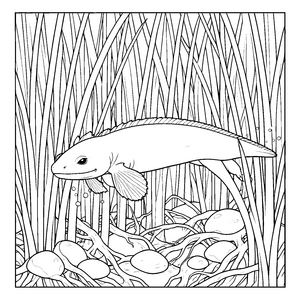 Verspielter Axolotl im Schilf Malvorlage für neugierige Naturfreunde