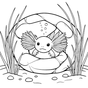 Ruhiger Axolotl zwischen Steinen Ausmalbild für verträumte Wasserratten