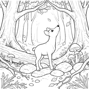 Neugieriges Rentierbaby im Wald Ausmalbild für kleine Waldläufer