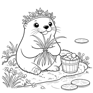 Fröhlicher Otter mit Blumenkranz Malbild für kreative Naturfreunde