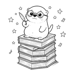 Kluger Otter mit Brille auf Büchern Malvorlage für junge Bücherwürmer