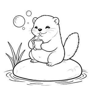 Gemütlicher Otter mit Becher auf Stein Malvorlage für fröhliche Wasserratten