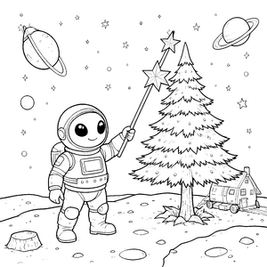 Fröhlicher Astronaut mit Zauberstab Ausmalbild für kleine Weltenbummler