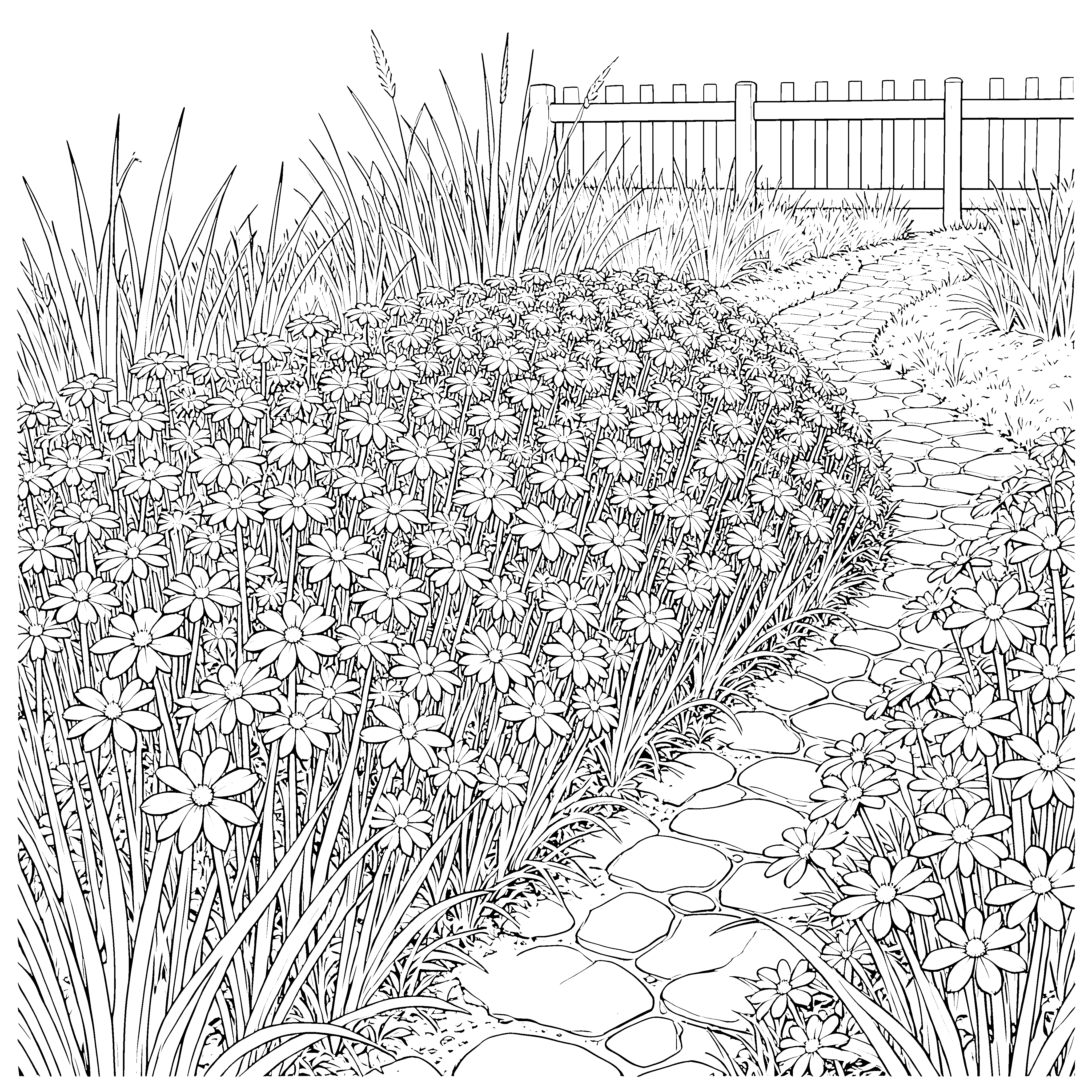 Üppige Frühlingsblumen am Steinpfad Ausmalbild für kleine Gärtner
