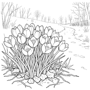 Verspielte Krokusse am Waldweg Ausmalbild für mutige Naturfreunde