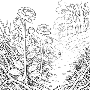 Stolze Buschblumen am Waldweg Ausmalbild für fröhliche Naturfreunde