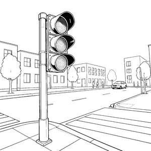 Hohe Ampel an der Zebrastreifenüberquerung Ausmalvorlage für fröhliche Stadterforscher
