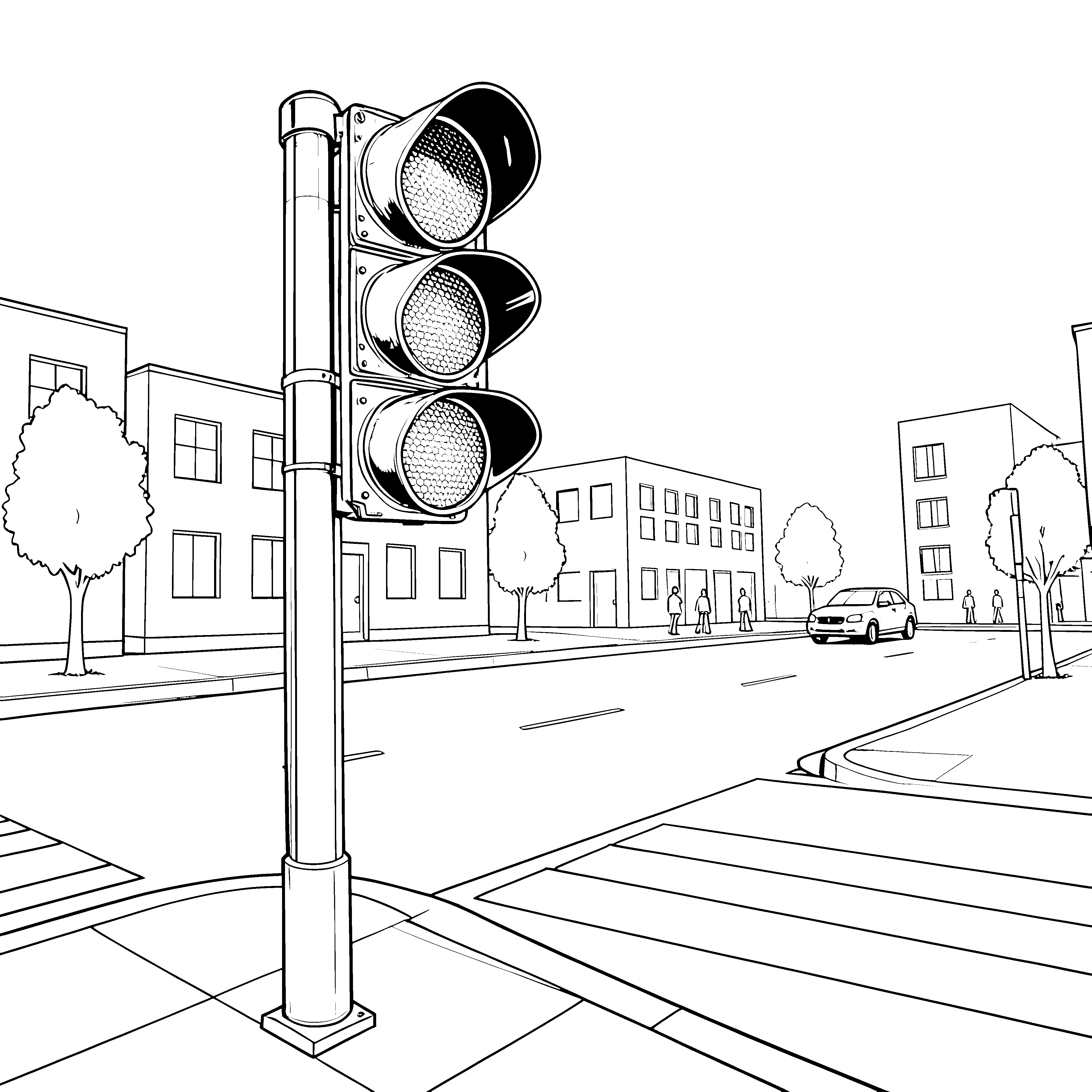 Hohe Ampel an der Zebrastreifenüberquerung Ausmalvorlage für fröhliche Stadterforscher