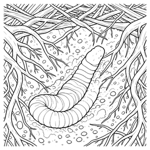 Wundervoller Regenwurm zwischen Wurzeln Ausmalbild für kleine Erdforscher