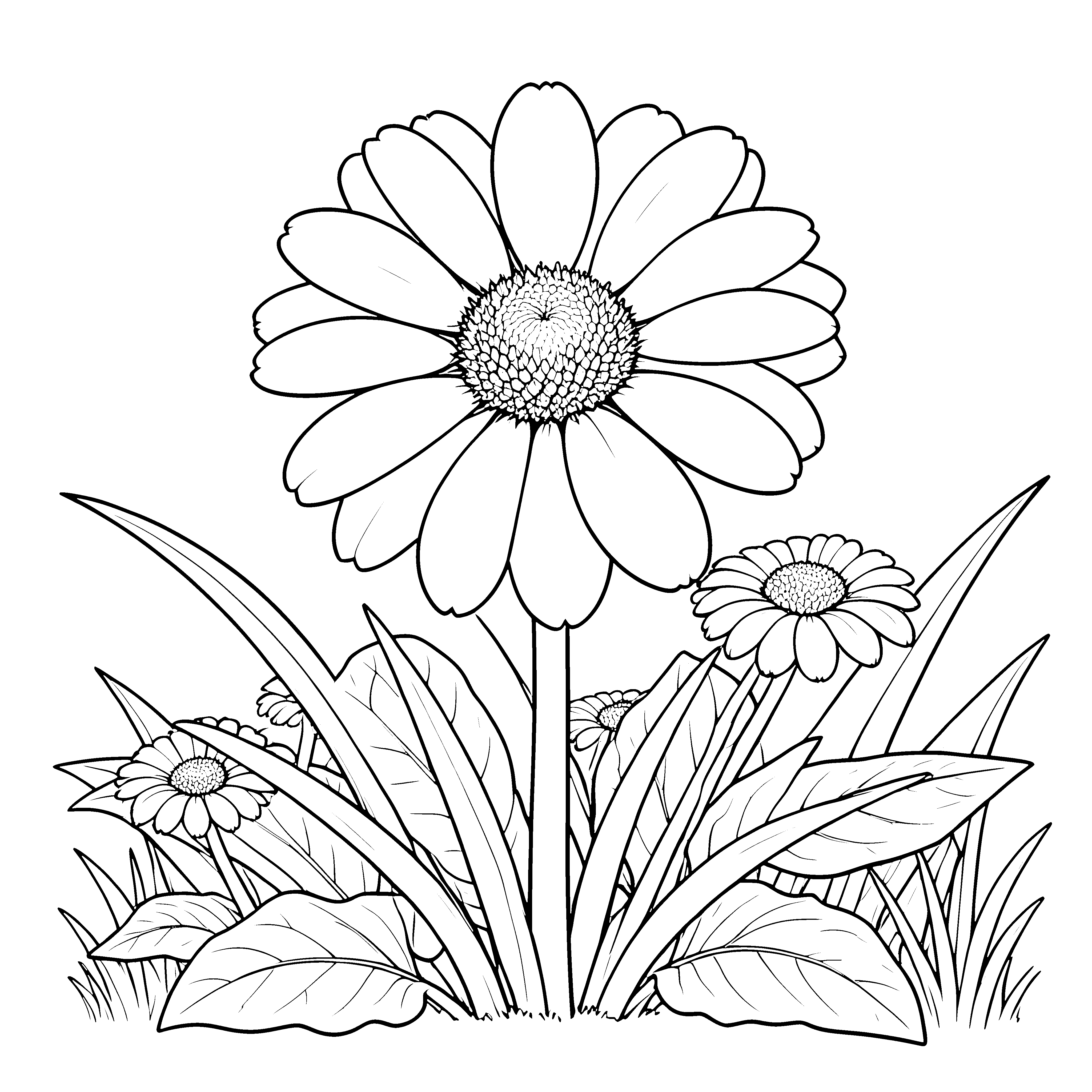 Stolzes Gänseblümchen im dichten Laub Ausmalbild für Hobbygärtner