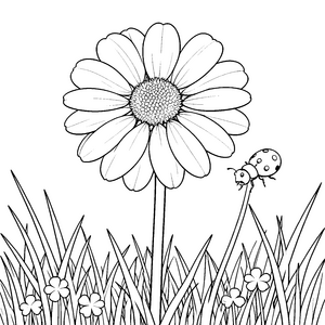 Freundliches Gänseblümchen mit Marienkäfer Malbild für fröhliche Spürnasen