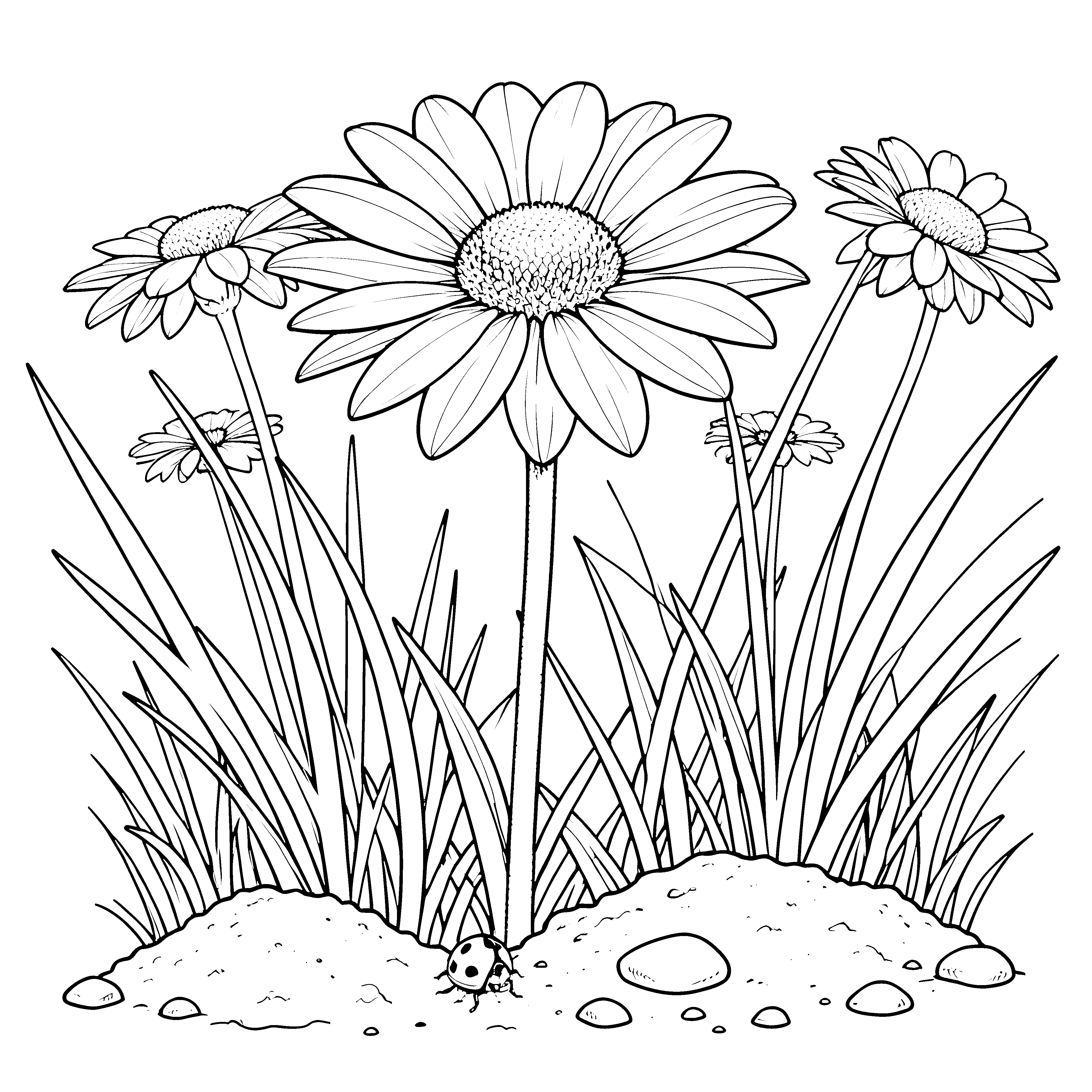 Strahlendes Gänseblümchen mit Marienkäfer Ausmalbild für kreative Naturfreunde