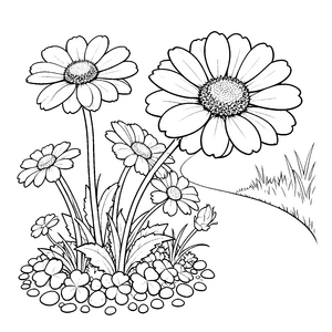 Verspielte Gänseblümchen auf Kieselsteinen Ausmalbild für verträumte Weltenbummler