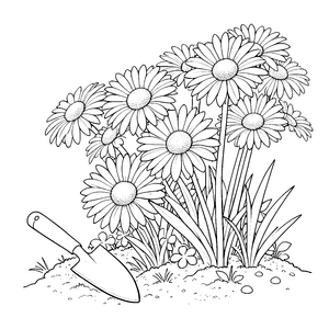 Fröhliche Gänseblümchen mit Schaufel Malvorlage für verträumte Bastler