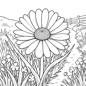 Sanftes Gänseblümchen am Holzzaun Malbild für kleine Blumenkinder
