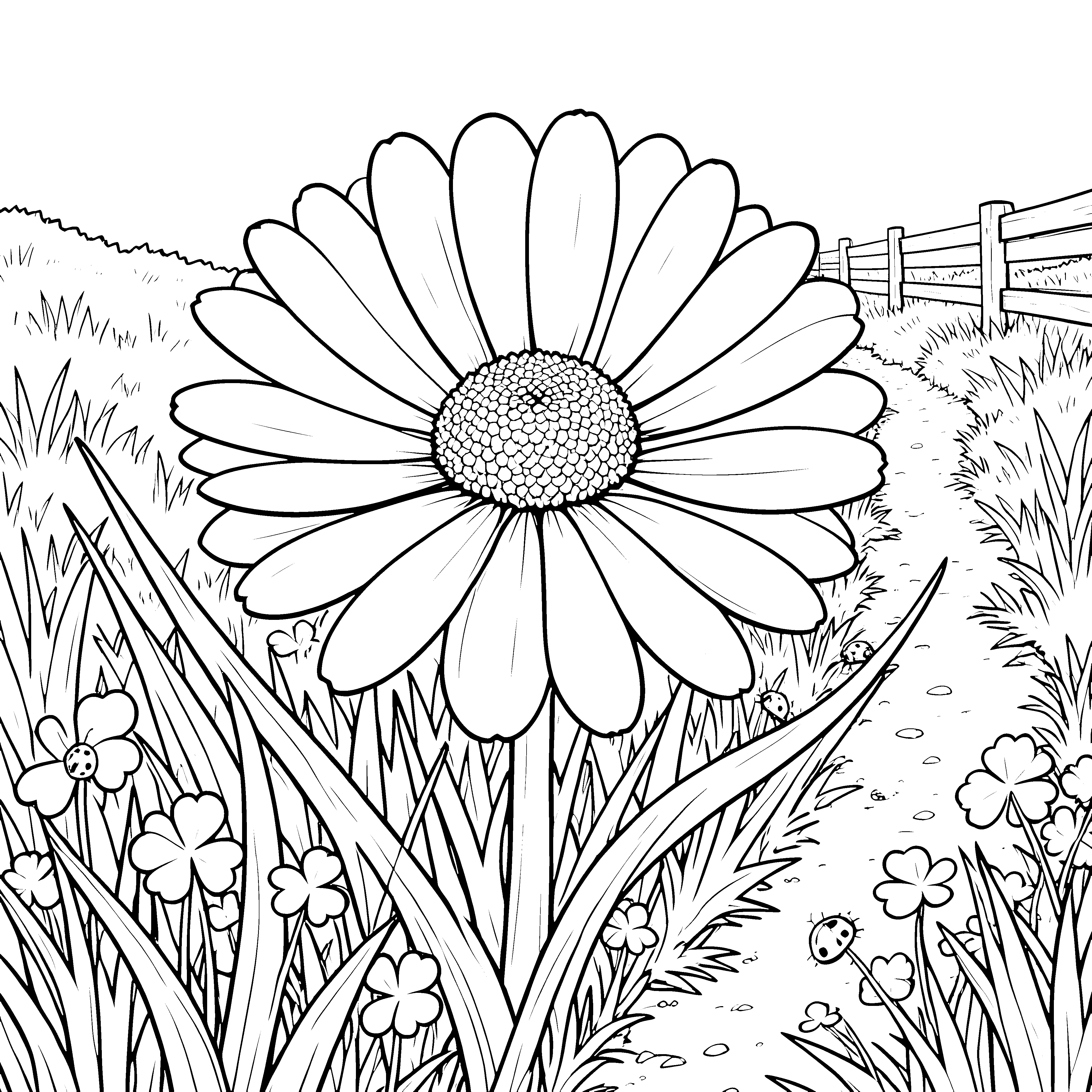 Sanftes Gänseblümchen am Holzzaun Malbild für kleine Blumenkinder