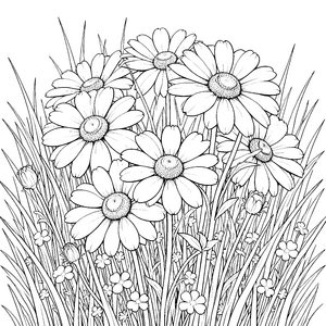 Wunderschöne Gänseblümchen im hohen Gras Malvorlage für fröhliche Naturfreunde