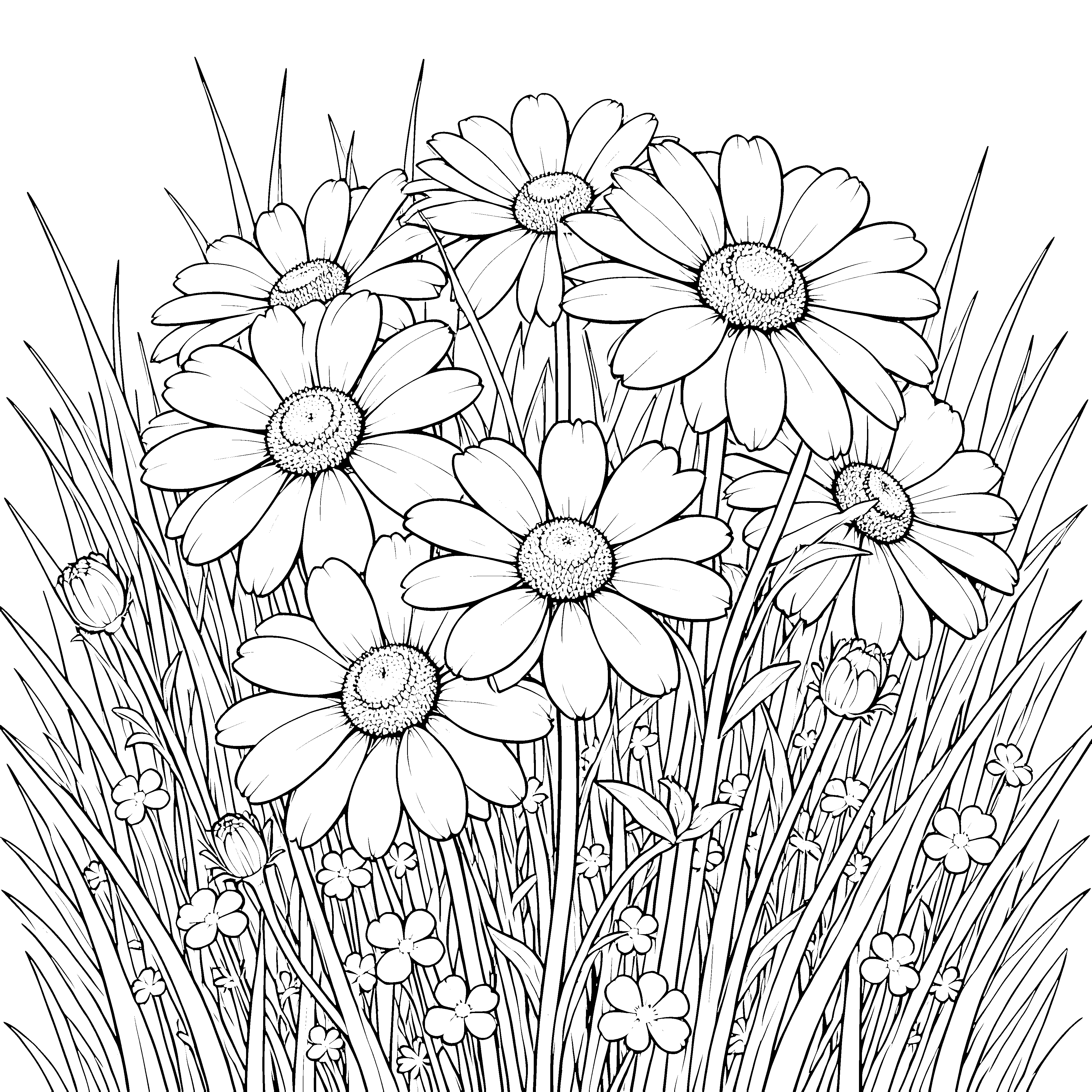 Wunderschöne Gänseblümchen im hohen Gras Malvorlage für fröhliche Naturfreunde