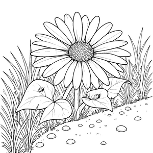 Prachtvolles Gänseblümchen mit Marienkäfern auf Blättern Malvorlage für mutige Naturfreunde