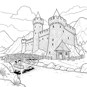 Erhabenes Bergschloss mit Holzbrücke Ausmalvorlage für verträumte Abenteurer