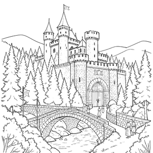 Majestätisches Schloss mit Steinbrücke Ausmalbild für kreative Weltenbummler