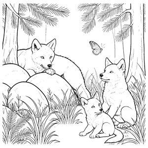 Aufmerksame Wolfsbabys bei einem Schmetterling Malvorlage für fröhliche Spürnasen