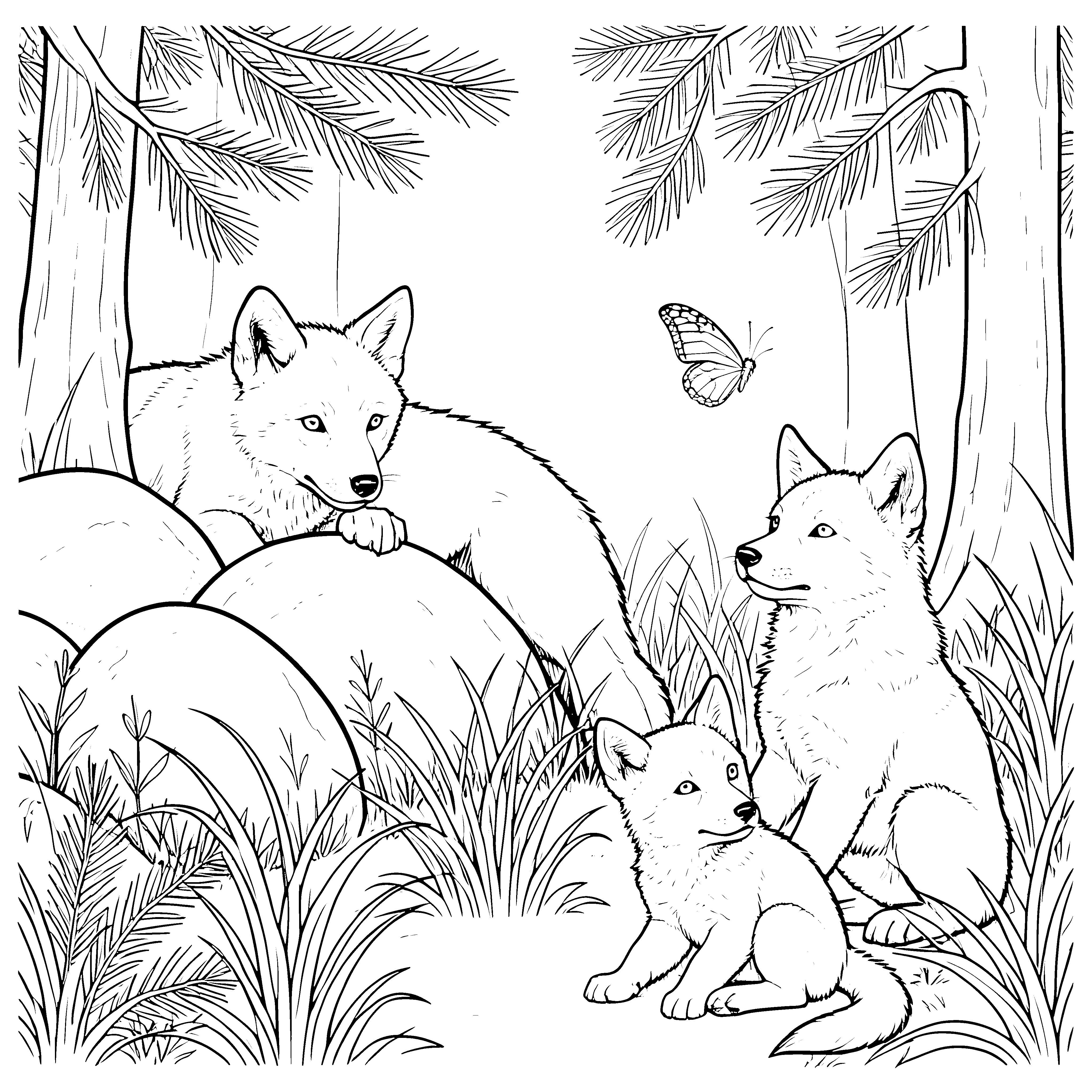 Aufmerksame Wolfsbabys bei einem Schmetterling Malvorlage für fröhliche Spürnasen