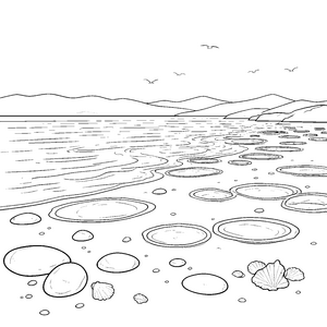 Ruhige Strandlandschaft mit Muscheln Malvorlage für kleine Naturfreunde