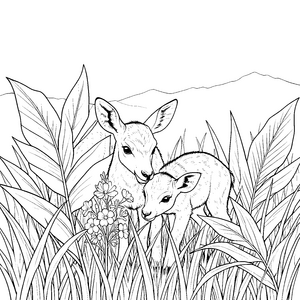 Sanfte Antilopenmutter mit Kalb im Gras Ausmalbild für fröhliche Spürnasen