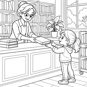 Freundliche Bibliothekarin mit Buch Ausmalbild für mutige Bücherwürmer