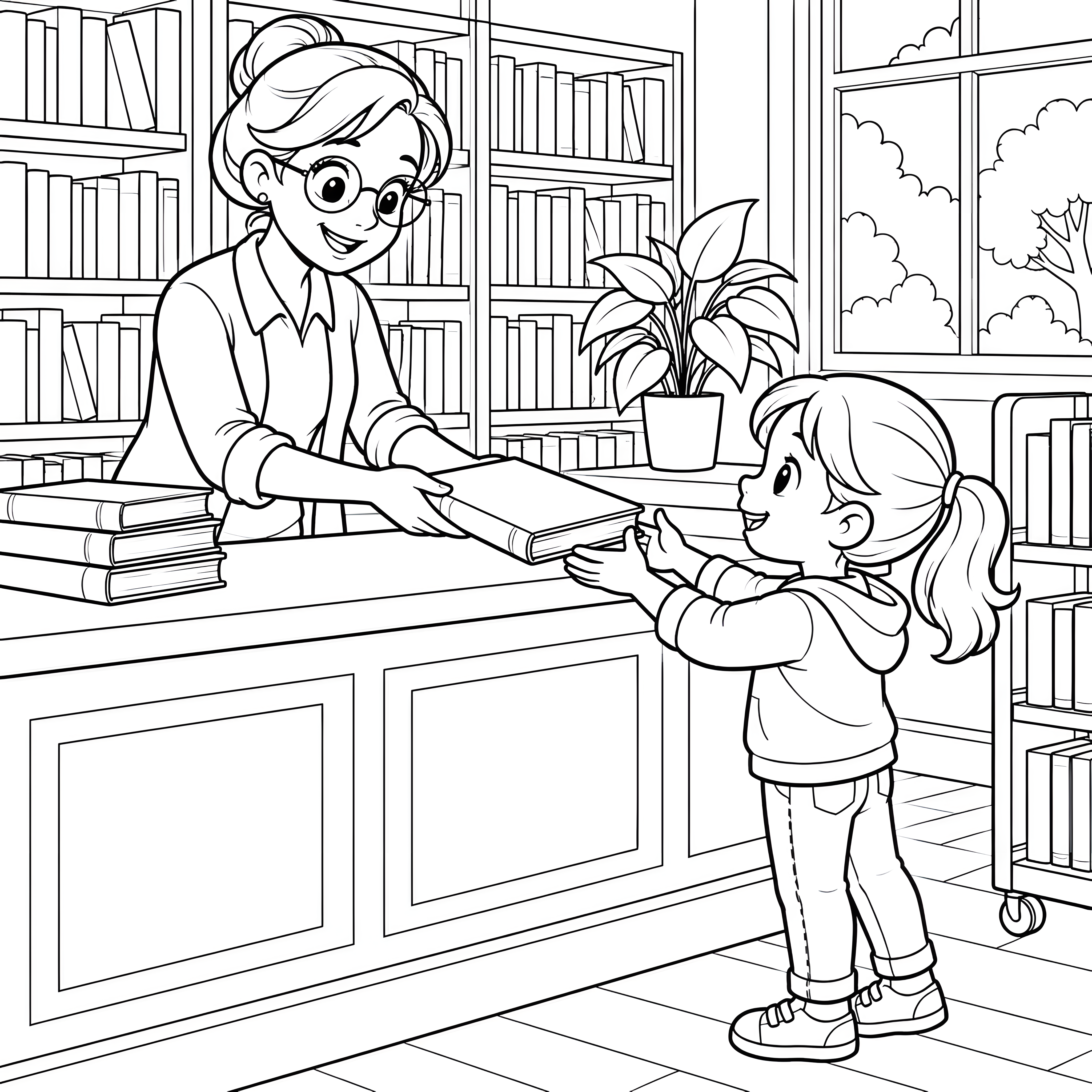 Freundliche Bibliothekarin mit Buch Ausmalbild für mutige Bücherwürmer