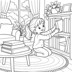 Fröhliches Mädchen im Bücherregal Malvorlage für mutige Spürnasen