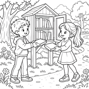Fröhliche Kinder am Bücherhäuschen Malvorlage für kreative Naturfreunde