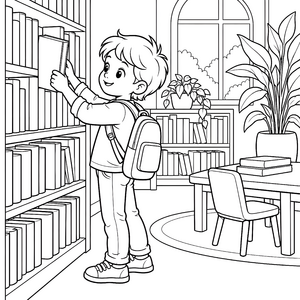 Fröhlicher Junge mit Rucksack im Bücherregal Ausmalbild für neugierige Weltenbummler