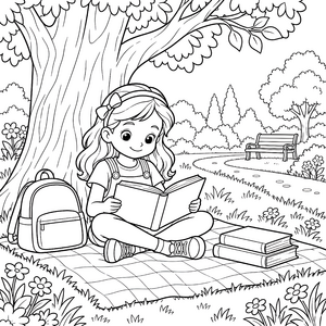 Verspielte Mädchen mit Buch unter dem Baum Ausmalbild für kleine Abenteurer