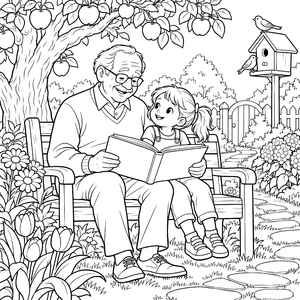 Liebevoller Opa mit Mädchen im Garten Malvorlage für kleine Leseratten
