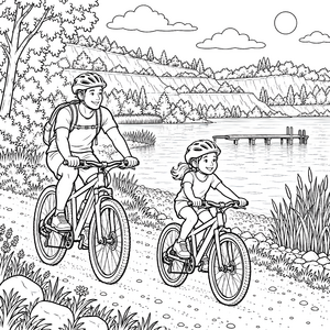 Abenteuerliche Radfahrer am Baggersee Malvorlage für fröhliche Weltenbummler