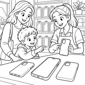 Freudiges Handy in der Ladenvitrine Ausmalvorlage für kreative Technikfans