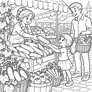 Freundliche Marktfrau mit frischen Gurken Ausmalvorlage für kreative Spürnasen