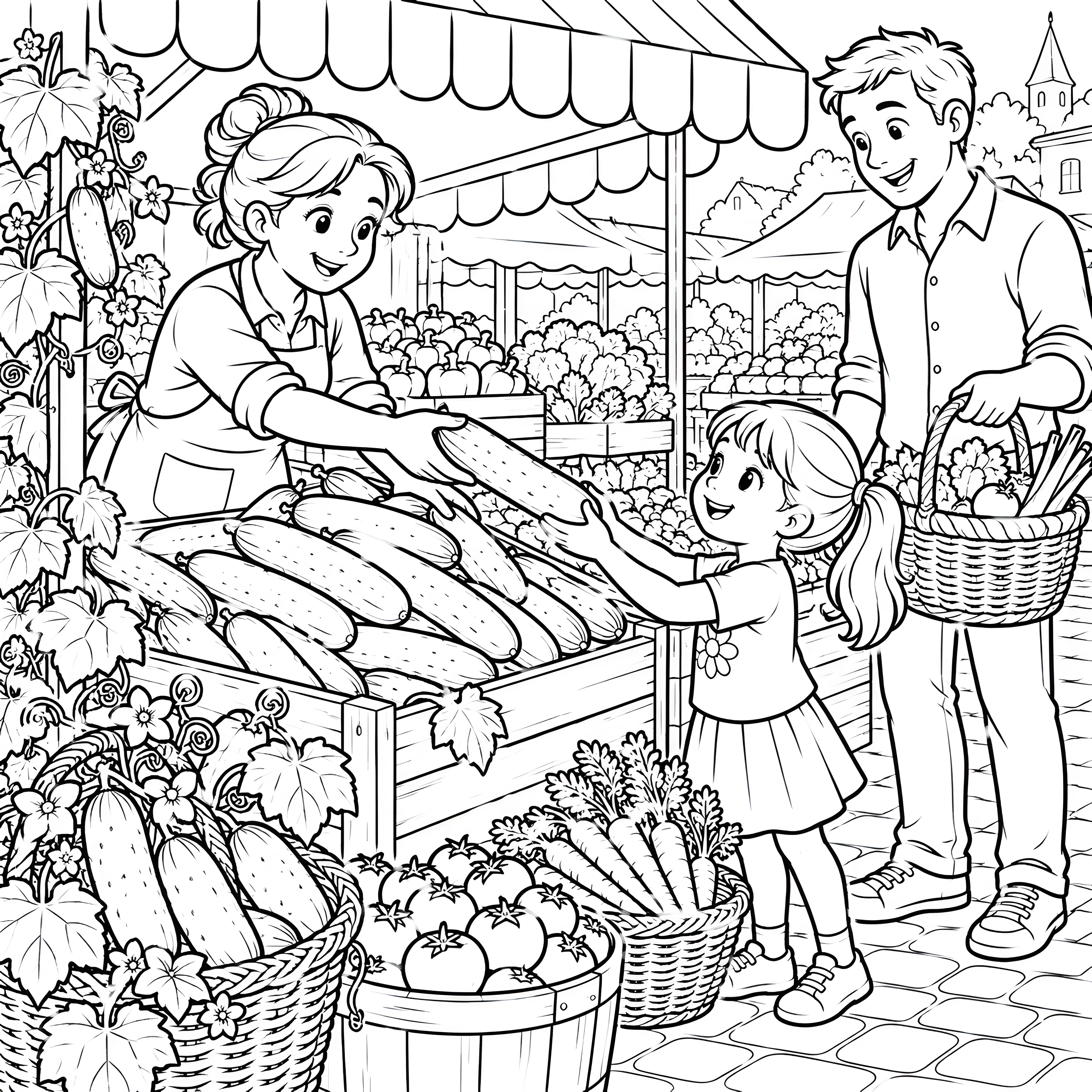 Freundliche Marktfrau mit frischen Gurken Ausmalvorlage für kreative Spürnasen