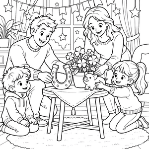 Herzliche Familie mit Hufeisen und Glücksschwein Ausmalbild für malfreudige Naturfreunde