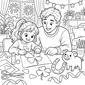 Fröhliche Familie mit Glücksschwein Ausmalbild für neugierige Bastler