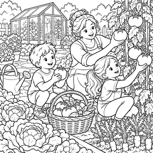 Fröhliche Familie bei der Tomatenernte Ausmalbild für kleine Abenteurer