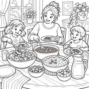 Herzliche Familienmahlzeit mit Gemüse Ausmalbild für neugierige Naschkatzen