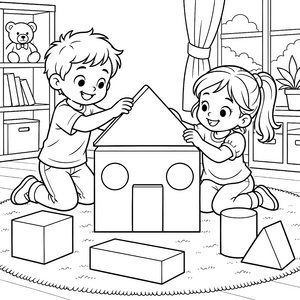Fröhliche Kinder mit Haus und Blöcken Malbild für junge Baumeister