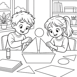 Konzentrierte Kinder mit Segelschiff Malbild für kleine Bastler