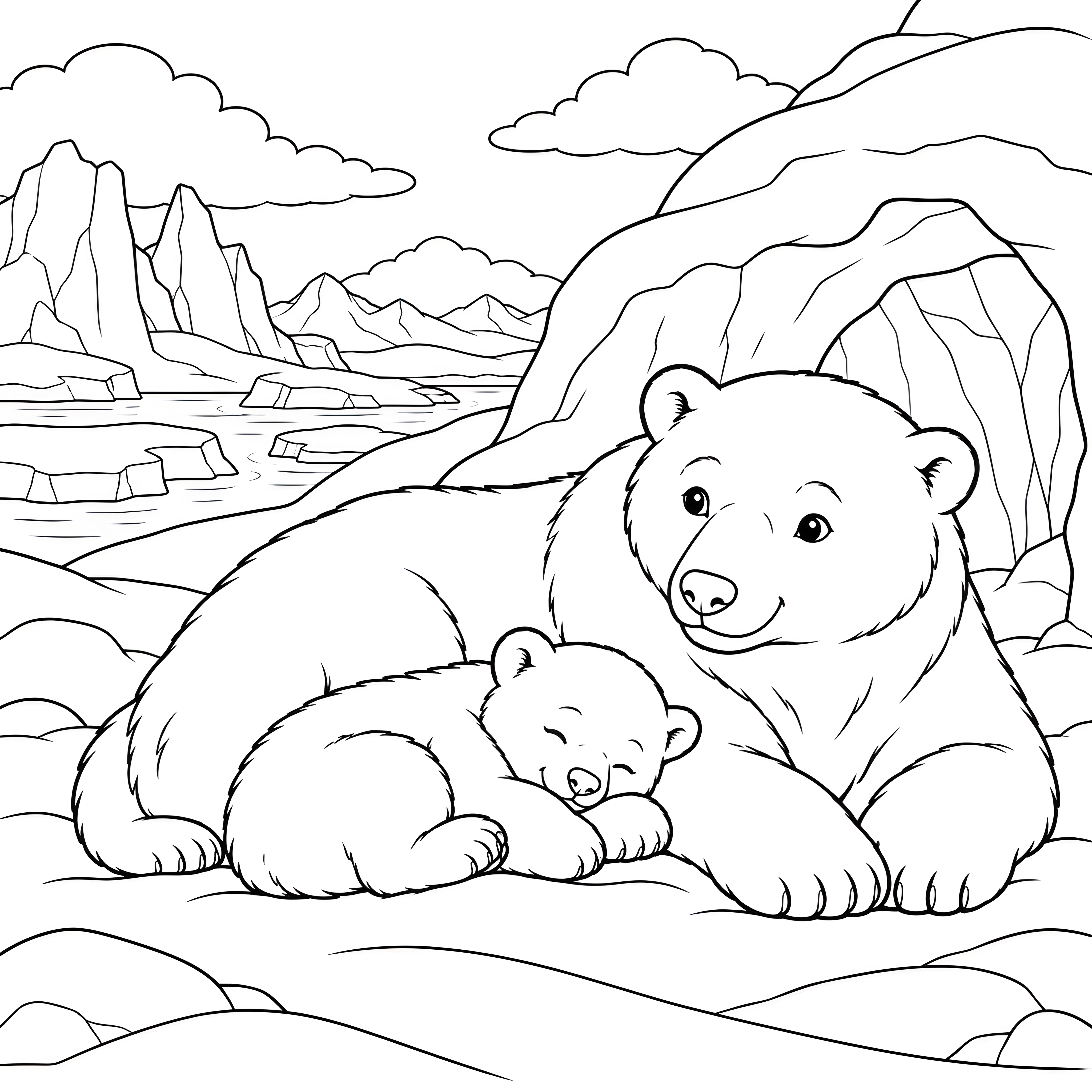 Geborgenes Eisbärbaby bei der Mama Malbild für kreative Spürnasen