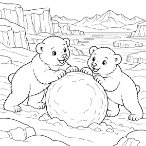 Verspielte Eisbärbabys mit Schneeball-Malvorlage für kleine Tierfreunde