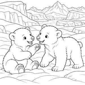 Fröhliche Eisbärbabys in der Arktis Ausmalvorlage für junge Tierfreunde